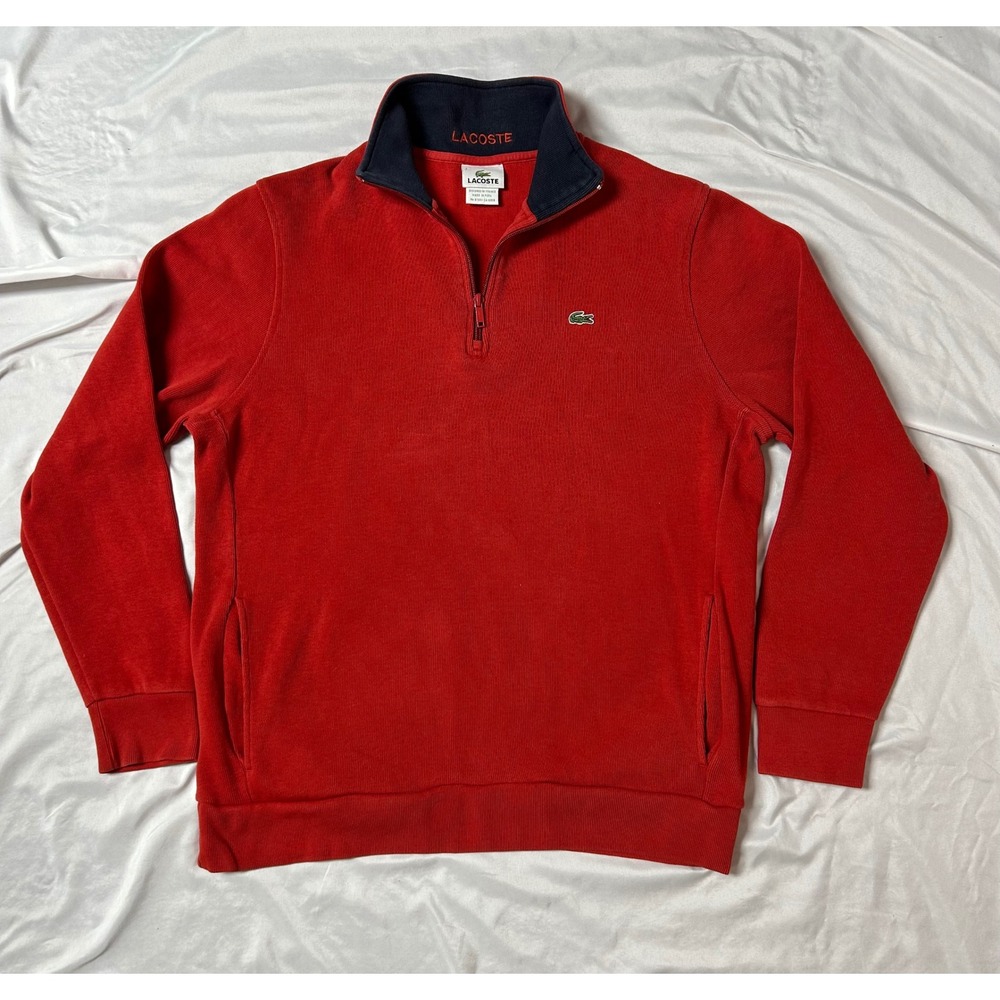 Lacoste Mens Red Ribbed Quarter Zip Pullover Sweatshirt Size 7 XL Logo Pockets